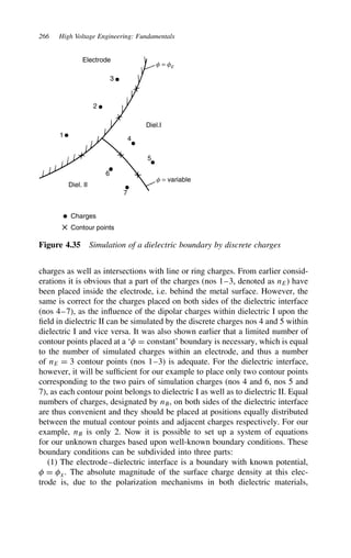 266 High Voltage Engineering: Fundamentals
Electrode
3
2
4
6
7
5
1
Charges
Diel. II
Diel.I
f = variable
f = fc
Contour points
Figure 4.35 Simulation of a dielectric boundary by discrete charges
charges as well as intersections with line or ring charges. From earlier consid-
erations it is obvious that a part of the charges (nos 1–3, denoted as nE) have
been placed inside the electrode, i.e. behind the metal surface. However, the
same is correct for the charges placed on both sides of the dielectric interface
(nos 4–7), as the influence of the dipolar charges within dielectric I upon the
field in dielectric II can be simulated by the discrete charges nos 4 and 5 within
dielectric I and vice versa. It was also shown earlier that a limited number of
contour points placed at a ‘ D constant’ boundary is necessary, which is equal
to the number of simulated charges within an electrode, and thus a number
of nE D 3 contour points (nos 1–3) is adequate. For the dielectric interface,
however, it will be sufficient for our example to place only two contour points
corresponding to the two pairs of simulation charges (nos 4 and 6, nos 5 and
7), as each contour point belongs to dielectric I as well as to dielectric II. Equal
numbers of charges, designated by nB, on both sides of the dielectric interface
are thus convenient and they should be placed at positions equally distributed
between the mutual contour points and adjacent charges respectively. For our
example, nB is only 2. Now it is possible to set up a system of equations
for our unknown charges based upon well-known boundary conditions. These
boundary conditions can be subdivided into three parts:
(1) The electrode–dielectric interface is a boundary with known potential,
 D ?. The absolute magnitude of the surface charge density at this elec-
trode is, due to the polarization mechanisms in both dielectric materials,
 