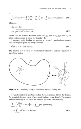 Electrostatic fields and field stress control 271
or
'
D
ur2
w dx dy D
+


u
∂w
∂n

∂u
∂n
w

ds 
'
D
.x, ywx, y dx dy 4.91
Choosing
wx, y D ln r
r D

x  x02 C y  y02 4.92
where r is the distance between points Px, y and P0x0,yy0, and P0 are
either in the domain D or on the boundary .
It is easy to verify that ln r is a solution to Laplace’s equation in the domain
with the singular point P0 being excluded:
r2
ln r D 0 for P 6D P0 4.93
The function ln r is called the fundamental solution of Laplace’s equation in
an infinite region.
C
C
q1
q2
P0
P0
σ
s
e
n
n
Figure 4.37 Boundary integral equation (courtesy of Ming Yu)
If P0 is located in D (as shown in Fig. 4.37), to exclude it from the domain,
P0 is encircled with a circle of very small radius ε centred at P0. The domain
and the boundary of the circle are denoted by  and c respectively.
+
Cc

u
∂ ln r
∂n
 q ln r

ds 
'
D
Qx, y ln r ds dy
D
'
D
ur2
ln r dx dy D 0 4.94
 