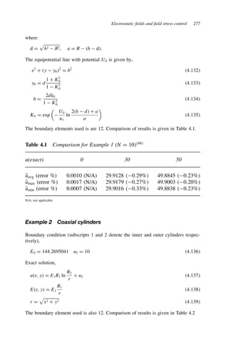Electrostatic fields and field stress control 277
where
d D

h2  R2, a D R  h  d.
The equipotential line with potential U0 is given by,
x2
C y  y02
D b2
4.132
y0 D d
1 C K2
0
1  K2
0
4.133
b D
2dk0
1  K2
0
4.134
K0 D exp


U0
u1
ln
2h  d C a
a

4.135
The boundary elements used is are 12. Comparison of results is given in Table 4.1.
Table 4.1 Comparison for Example 1 N D 1048
u(exact) 0 30 50
O
uavg (error %) 0.0010 (N/A) 29.9128 0.29% 49.8845 0.23%
O
umax (error %) 0.0017 (N/A) 29.9179 0.27% 49.9003 0.20%
O
umin (error %) 0.0007 (N/A) 29.9016 0.33% 49.8838 0.23%
N/A: not applicable.
Example 2 Coaxial cylinders
Boundary condition (subscripts 1 and 2 denote the inner and outer cylinders respec-
tively),
E0 D 144.2695041 u2 D 10 4.136
Exact solution,
ux, y D E1R1 ln
R2
r
C u2 4.137
Ex, y D E1
R1
r
4.138
r D

x2 C y2 4.139
The boundary element used is also 12. Comparison of results is given in Table 4.2
 