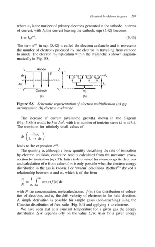 Electrical breakdown in gases 297
where n0 is the number of primary electrons generated at the cathode. In terms
of current, with I0 the current leaving the cathode, eqn (5.42) becomes
I D I0e˛d
. 5.43
The term e˛d
in eqn (5.42) is called the electron avalanche and it represents
the number of electrons produced by one electron in travelling from cathode
to anode. The electron multiplication within the avalanche is shown diagram-
matically in Fig. 5.8.
Anode
Cathode
dx
E
d
(a) (b)
n0
nx
λi
x
Figure 5.8 Schematic representation of electron multiplication (a) gap
arrangement, (b) electron avalanche
The increase of current (avalanche growth) shown in the diagram
(Fig. 5.8(b)) would be I D I0ek
, with k D number of ionizing steps k D x/#i.
The transition for infinitely small values of
dx

lim #i
#i ! dx

leads to the expression e˛x
.
The quantity ˛, although a basic quantity describing the rate of ionization
by electron collision, cannot be readily calculated from the measured cross-
section for ionization i. The latter is determined for monoenergetic electrons
and calculation of ˛ from value of i is only possible when the electron energy
distribution in the gas is known. For ‘swarm’ conditions Raether5
derived a
relationship between ˛ and i, which is of the form
˛
N
D
1
ue
 1
0
vivfv dv
with N the concentration, molecules/atoms, fvth the distribution of veloci-
ties of electrons, and ue the drift velocity of electrons in the field direction.
A simple derivation is possible for simple gases (non-attaching) using the
Clausius distribution of free paths (Fig. 5.4) and applying it to electrons.
We have seen that at a constant temperature for a given gas the energy
distribution W depends only on the value E/p. Also for a given energy
 