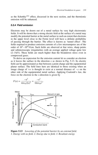 Electrical breakdown in gases 319
as the Schottky18
effect, discussed in the next section, and the thermionic
emission will be enhanced.
5.3.4 Field emission
Electrons may be drawn out of a metal surface by very high electrostatic
fields. It will be shown that a strong electric field at the surface of a metal may
modify the potential barrier at the metal surface to such an extent that electrons
in the upper level close to the Fermi level will have a definite probability
of passing through the barrier. The effect is known as ‘tunnel effect’. The
fields required to produce emission currents of a few microamperes are of the
order of 107
–108
V/cm. Such fields are observed at fine wires, sharp points
and submicroscopic irregularities with an average applied voltage quite low
(2–5 kV). These fields are much higher than the breakdown stress even in
compressed gases.
To derive an expression for the emission current let us consider an electron
as it leaves the surface in the direction x as shown in Fig. 5.13. Its electric
field can be approximated as that between a point charge and the equipotential
planar surface. The field lines here are identical to those existing when an
image charge of Ce is thought to exist at a normal distance of x on the
other side of the equipotential metal surface. Applying Coulomb’s law, the
force on the electron in the x-direction is given by
Fx D
e2
4ε02x2
D
e2
16ε0x2
.
Metal
0
∆W
xmas Vacuum or gas
eEx
E
1
2
Conduction band
3 = 1 + 2
Wa
Potential
energy
(eV)
Figure 5.13 Lowering of the potential barrier by an external field.
1. Energy with no field. 2. Energy due to field. 3. Resultant energy
 