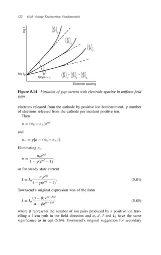 322 High Voltage Engineering: Fundamentals
log I0
log
I
Slope = α
E
P P
1
E
P 1
E
2
P
E
2

P
E
3
P
E
3

Electrode spacing
Figure 5.14 Variation of gap current with electrode spacing in uniform field
gaps
electrons released from the cathode by positive ion bombardment,  number
of electrons released from the cathode per incident positive ion.
Then
n D n0 C nCe˛d
and
nC D [n  n0 C nC].
Eliminating nC
n D
n0e˛d
1  e˛d
 1
.
or for steady state current
I D I0
n0e˛d
1  e˛d
 1
. 5.84
Townsend’s original expression was of the form
I D I0
˛  ˇ e˛ˇd
˛  ˇe˛ˇd
5.85
where ˇ represents the number of ion pairs produced by a positive ion trav-
elling a 1-cm path in the field direction and ˛, d, I and I0 have the same
significance as in eqn (5.84). Townsend’s original suggestion for secondary
 