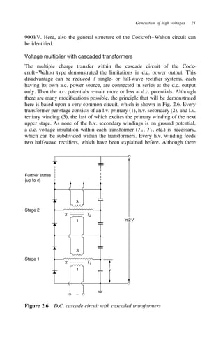 Generation of high voltages 21
900 kV. Here, also the general structure of the Cockroft–Walton circuit can
be identified.
Voltage multiplier with cascaded transformers
The multiple charge transfer within the cascade circuit of the Cock-
croft–Walton type demonstrated the limitations in d.c. power output. This
disadvantage can be reduced if single- or full-wave rectifier systems, each
having its own a.c. power source, are connected in series at the d.c. output
only. Then the a.c. potentials remain more or less at d.c. potentials. Although
there are many modifications possible, the principle that will be demonstrated
here is based upon a very common circuit, which is shown in Fig. 2.6. Every
transformer per stage consists of an l.v. primary (1), h.v. secondary (2), and l.v.
tertiary winding (3), the last of which excites the primary winding of the next
upper stage. As none of the h.v. secondary windings is on ground potential,
a d.c. voltage insulation within each transformer (T1, T2, etc.) is necessary,
which can be subdivided within the transformers. Every h.v. winding feeds
two half-wave rectifiers, which have been explained before. Although there
Further states
(up to n)
Stage 2
Stage 1
3
2
1 n.2V
1
∼
3
2 T1
T2
V
Figure 2.6 D.C. cascade circuit with cascaded transformers
 
