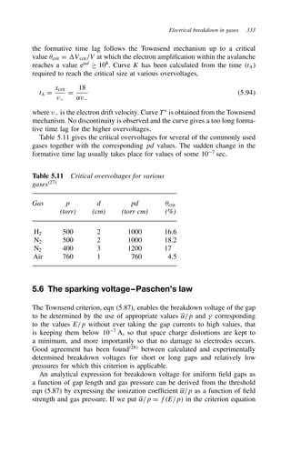 Electrical breakdown in gases 333
the formative time lag follows the Townsend mechanism up to a critical
value crit D Vcrit/V at which the electron amplification within the avalanche
reaches a value e˛d
½ 108
. Curve K has been calculated from the time tA
required to reach the critical size at various overvoltages,
tA D
xcrit
v
D
18
˛v
5.94
where v is the electron drift velocity. Curve TŁ
is obtained from the Townsend
mechanism. No discontinuity is observed and the curve gives a too long forma-
tive time lag for the higher overvoltages.
Table 5.11 gives the critical overvoltages for several of the commonly used
gases together with the corresponding pd values. The sudden change in the
formative time lag usually takes place for values of some 107
sec.
Table 5.11 Critical overvoltages for various
gases27
Gas p d pd crit
(torr) (cm) (torr cm) (%)
H2 500 2 1000 16.6
N2 500 2 1000 18.2
N2 400 3 1200 17
Air 760 1 760 4.5
5.6 The sparking voltage–Paschen’s law
The Townsend criterion, eqn (5.87), enables the breakdown voltage of the gap
to be determined by the use of appropriate values ˛/p and  corresponding
to the values E/p without ever taking the gap currents to high values, that
is keeping them below 107
A, so that space charge distortions are kept to
a minimum, and more importantly so that no damage to electrodes occurs.
Good agreement has been found28
between calculated and experimentally
determined breakdown voltages for short or long gaps and relatively low
pressures for which this criterion is applicable.
An analytical expression for breakdown voltage for uniform field gaps as
a function of gap length and gas pressure can be derived from the threshold
eqn (5.87) by expressing the ionization coefficient ˛/p as a function of field
strength and gas pressure. If we put ˛/p D fE/p in the criterion equation
 