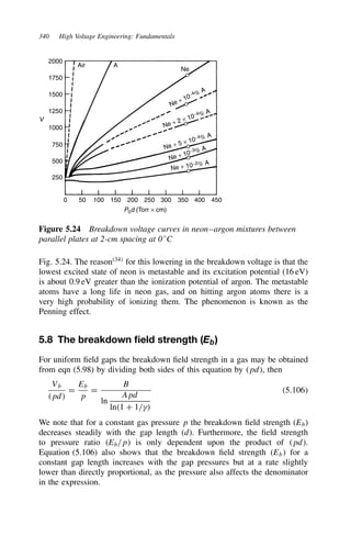 340 High Voltage Engineering: Fundamentals
0
250
500
750
1000
1250
1500
1750
2000
50 100 150 200 250 300 350 400 450
Air A
Ne
Ne + 10−4% A
Ne + 10−3% A
Ne + 10−2% A
Ne + 2 × 10−4% A
Ne + 5 × 10−4% A
P0d (Torr × cm)
V
Figure 5.24 Breakdown voltage curves in neon–argon mixtures between
parallel plates at 2-cm spacing at 0°C
Fig. 5.24. The reason34
for this lowering in the breakdown voltage is that the
lowest excited state of neon is metastable and its excitation potential (16 eV)
is about 0.9 eV greater than the ionization potential of argon. The metastable
atoms have a long life in neon gas, and on hitting argon atoms there is a
very high probability of ionizing them. The phenomenon is known as the
Penning effect.
5.8 The breakdown field strength (Eb)
For uniform field gaps the breakdown field strength in a gas may be obtained
from eqn (5.98) by dividing both sides of this equation by pd, then
Vb
pd
D
Eb
p
D
B
ln
Apd
ln1 C 1/
5.106
We note that for a constant gas pressure p the breakdown field strength (Eb)
decreases steadily with the gap length (d). Furthermore, the field strength
to pressure ratio Eb/p is only dependent upon the product of pd.
Equation (5.106) also shows that the breakdown field strength Eb for a
constant gap length increases with the gap pressures but at a rate slightly
lower than directly proportional, as the pressure also affects the denominator
in the expression.
 