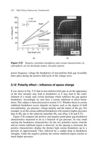 354 High Voltage Engineering: Fundamentals
0 1 2 3 4 5 6
Gap length (cm)
20
40
60
80
100
120
d.c.
voltage
(kV)
r = 0.75 mm
(−ve)
+ Spark
Glow
Transition region
Trichel pulses
No ionization
(a) (b)
50 m sec
Figure 5.35 Negative rod-plane breakdown and corona characteristics in
atmospheric air (a) discharge modes, (b) pulse pattern
power frequency voltage the breakdown of non-uniform field gap invariably
takes place during the positive half-cycle of the voltage wave.
5.12 Polarity effect – influence of space charge
It was shown in Fig. 5.33 that in non-uniform field gaps in air the appearance
of the first streamer may lead to breakdown or it may lead to the estab-
lishment of a steady state corona discharge which stabilizes the gap against
breakdown. Accordingly we may have a corona stabilized or direct break-
down. This subject is been discussed in section 5.11. Whether direct or corona
stabilized breakdown occurs depends on factors such as the degree of field
non-uniformity, gas pressure, voltage polarity and the nature of the gas. For
example, in air the corona stabilized breakdown will extend to higher pressures
than in SF6 due to the relatively immobile SF6 ions (Figs 5.36 and 5.37).
Figure 5.36 compares the positive and negative point-plane gap breakdown
characteristics measured in air as a function of gas pressure. At very small
spacing the breakdown characteristics for the two polarities nearly coincide
and no corona stabilized region is observed. As the spacing is increased, the
positive characteristics display the distinct high corona breakdown up to a
pressure of approximately 7 bar, followed by a sudden drop in breakdown
strengths. Under the negative polarity the corona stabilized region extends to
much higher pressures.
 