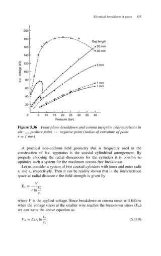 Electrical breakdown in gases 355
0
20
40
60
80
100
120
140
160
180
200
5 10 15 20 25 30 35 40
Pressure (bar)
d.c.
voltage
(kV)
1 mm
1 mm
5 mm
20 mm
20 mm
Gap length
Figure 5.36 Point-plane breakdown and corona inception characteristics in
air: positive point, -- negative point (radius of curvature of point
r D 1 mm)
A practical non-uniform field geometry that is frequently used in the
construction of h.v. apparatus is the coaxial cylindrical arrangement. By
properly choosing the radial dimensions for the cylinders it is possible to
optimize such a system for the maximum corona-free breakdown.
Let us consider a system of two coaxial cylinders with inner and outer radii
ri and ro respectively. Then it can be readily shown that in the interelectrode
space at radial distance r the field strength is given by
Er D
V
r ln
ro
ri
where V is the applied voltage. Since breakdown or corona onset will follow
when the voltage stress at the smaller wire reaches the breakdown stress Eb
we can write the above equation as
Vb D Ebri ln
ro
ri
. 5.119
 