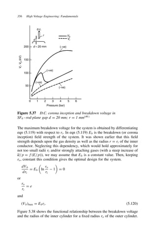 356 High Voltage Engineering: Fundamentals
0 1 2 3 4 5 6
Pressure (bar)
50
100
150
200
V
i
′
V
b
(kV)
(−ve)
(−ve)
(+ve)
(+ve)
d = 20 mm
d
r
d.c.
Vb
Vi
Figure 5.37 D.C. corona inception and breakdown voltage in
SF6 –rod-plane gap d D 20 mm; r D 1 mm46
The maximum breakdown voltage for the system is obtained by differentiating
eqn (5.119) with respect to ri. In eqn (5.119) Eb is the breakdown (or corona
inception) field strength of the system. It was shown earlier that this field
strength depends upon the gas density as well as the radius r D ri of the inner
conductor. Neglecting this dependency, which would hold approximately for
not too small radii ri and/or strongly attaching gases (with a steep increase of
˛/p D fE/p, we may assume that Eb is a constant value. Then, keeping
ro, constant this condition gives the optimal design for the system.
dVb
dri
D Eb

ln
ro
ri
 1

D 0
or
ro
ri
D e
and
Vbmax D Ebri. 5.120
Figure 5.38 shows the functional relationship between the breakdown voltage
and the radius of the inner cylinder for a fixed radius ro of the outer cylinder.
 