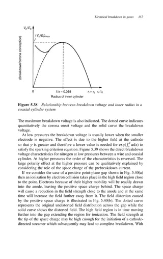 Electrical breakdown in gases 357
1/e = 0.368 ri = r0 ri /r0
0
Radius of inner cylinder
(Vb /Eb)max
Vb /Eb
(Breakdown/corona
conception)
Figure 5.38 Relationship between breakdown voltage and inner radius in a
coaxial cylinder system
The maximum breakdown voltage is also indicated. The dotted curve indicates
quantitatively the corona onset voltage and the solid curve the breakdown
voltage.
At low pressures the breakdown voltage is usually lower when the smaller
electrode is negative. The effect is due to the higher field at the cathode
so that  is greater and therefore a lower value is needed for exp
 d
o ˛dx to
satisfy the sparking criterion equation. Figure 5.39 shows the direct breakdown
voltage characteristics for nitrogen at low pressures between a wire and coaxial
cylinder. At higher pressures the order of the characteristics is reversed. The
large polarity effect at the higher pressure can be qualitatively explained by
considering the role of the space charge of the prebreakdown current.
If we consider the case of a positive point-plane gap shown in Fig. 5.40(a)
then an ionization by electron collision takes place in the high field region close
to the point. Electrons because of their higher mobility will be readily drawn
into the anode, leaving the positive space charge behind. The space charge
will cause a reduction in the field strength close to the anode and at the same
time will increase the field further away from it. The field distortion caused
by the positive space charge is illustrated in Fig. 5.40(b). The dotted curve
represents the original undistorted field distribution across the gap while the
solid curve shows the distorted field. The high field region is in time moving
further into the gap extending the region for ionization. The field strength at
the tip of the space charge may be high enough for the initiation of a cathode-
directed streamer which subsequently may lead to complete breakdown. With
 