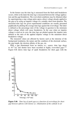 Electrical breakdown in gases 363
In the former case the time lag is measured from the flash until breakdown
occurs, while in the latter the time lag is measured between the voltage applica-
tion and the gap breakdown. The overvolted conditions may be obtained either
by superimposing a step voltage pulse upon a direct voltage already applied to
the gap or by using an impulse voltage of a suitably short front duration. The
measured time lags for given experimental conditions are usually presented
graphically by plotting the average time lags against the overvoltage. The latter
is defined as the percentage ratio of the voltage in question to the minimum
direct voltage which will cause breakdown. In the case when an impulse
voltage is used on its own, the time lags are plotted against the impulse ratio
defined as the ratio of the applied impulse voltage to the minimum direct
breakdown voltage.
The measured values are affected by factors such as the intensity of the
background irradiation, the nature and the condition of the electrode surface,
the gap length, the electron affinity of the gas, etc.
With a gap illuminated from an intense u.v. source, time lags down
to 108
sec and shorter have been recorded in highly overvolted gaps.47
Figure 5.46 shows time lags of spark breakdown for short gaps with the
0 20 40 60 80 100 120
Time lag ( ×10−9 sec)
20
40
60
80
100
120
140
160
180
200
Overvoltage
(%)
Figure 5.46 Time lag of spark gap as a function of overvoltage for short
gap between spheres with intense u.v. illumination of the cathode in air
 