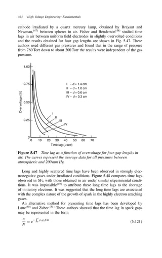 364 High Voltage Engineering: Fundamentals
cathode irradiated by a quartz mercury lamp, obtained by Brayant and
Newman,47
between spheres in air. Fisher and Benderson48
studied time
lags in air between uniform field electrodes in slightly overvolted conditions
and the results obtained for four gap lengths are shown in Fig. 5.47. These
authors used different gas pressures and found that in the range of pressure
from 760 Torr down to about 200 Torr the results were independent of the gas
pressure.
1.00
0.75
0.50
0.25
0
0 10 20 30 40 50 60 70
Time lag (msec)
Overvoltage
(%)
I
II
III
IV
I − d = 1.4 cm
II − d = 1.0 cm
III − d = 0.6 cm
IV − d = 0.3 cm
Figure 5.47 Time lag as a function of overvoltage for four gap lengths in
air. The curves represent the average data for all pressures between
atmospheric and 200 mm Hg
Long and highly scattered time lags have been observed in strongly elec-
tronegative gases under irradiated conditions. Figure 5.48 compares time lags
observed in SF6 with those obtained in air under similar experimental condi-
tions. It was impossible49
to attribute these long time lags to the shortage
of initiatory electrons. It was suggested that the long time lags are associated
with the complex nature of the growth of spark in the highly electron attaching
gases.
An alternative method for presenting time lags has been developed by
Laue50
and Zuber.51
These authors showed that the time lag in spark gaps
may be represented in the form
n
N
D e

 t
0
I1I2ˇ dt
5.121
 