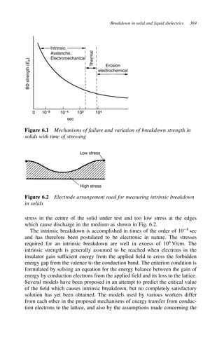 Breakdown in solid and liquid dielectrics 369
Thermal
Erosion
electrochemical
BD
strength
(
E
b
)
0 10−8 10−4 100 104
sec
Intrinsic,
Avalanche,
Electromechanical
Figure 6.1 Mechanisms of failure and variation of breakdown strength in
solids with time of stressing
Low stress
High stress
Figure 6.2 Electrode arrangement used for measuring intrinsic breakdown
in solids
stress in the centre of the solid under test and too low stress at the edges
which cause discharge in the medium as shown in Fig. 6.2.
The intrinsic breakdown is accomplished in times of the order of 108
sec
and has therefore been postulated to be electronic in nature. The stresses
required for an intrinsic breakdown are well in excess of 106
V/cm. The
intrinsic strength is generally assumed to be reached when electrons in the
insulator gain sufficient energy from the applied field to cross the forbidden
energy gap from the valence to the conduction band. The criterion condition is
formulated by solving an equation for the energy balance between the gain of
energy by conduction electrons from the applied field and its loss to the lattice.
Several models have been proposed in an attempt to predict the critical value
of the field which causes intrinsic breakdown, but no completely satisfactory
solution has yet been obtained. The models used by various workers differ
from each other in the proposed mechanisms of energy transfer from conduc-
tion electrons to the lattice, and also by the assumptions made concerning the
 