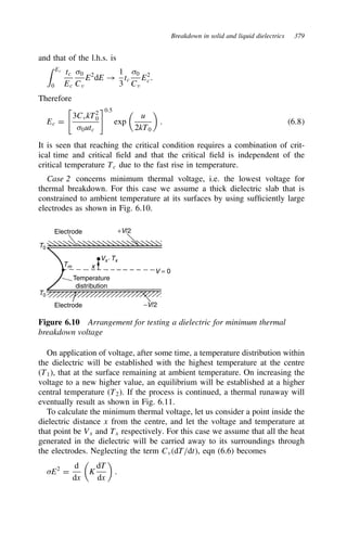 Breakdown in solid and liquid dielectrics 379
and that of the l.h.s. is
Ec
0
tc
Ec
0
Cv
E2
dE !
1
3
tc
0
Cv
E2
c.
Therefore
Ec D
3CvkT2
0
0utc
0.5
exp

u
2kT0

. 6.8
It is seen that reaching the critical condition requires a combination of crit-
ical time and critical field and that the critical field is independent of the
critical temperature Tc due to the fast rise in temperature.
Case 2 concerns minimum thermal voltage, i.e. the lowest voltage for
thermal breakdown. For this case we assume a thick dielectric slab that is
constrained to ambient temperature at its surfaces by using sufficiently large
electrodes as shown in Fig. 6.10.
Electrode
Electrode
T0
T0
+V/2
−V/2
V = 0
Temperature
distribution
Tm
Vx ′ Tx
x
Figure 6.10 Arrangement for testing a dielectric for minimum thermal
breakdown voltage
On application of voltage, after some time, a temperature distribution within
the dielectric will be established with the highest temperature at the centre
(T1), that at the surface remaining at ambient temperature. On increasing the
voltage to a new higher value, an equilibrium will be established at a higher
central temperature (T2). If the process is continued, a thermal runaway will
eventually result as shown in Fig. 6.11.
To calculate the minimum thermal voltage, let us consider a point inside the
dielectric distance x from the centre, and let the voltage and temperature at
that point be Vx and Tx respectively. For this case we assume that all the heat
generated in the dielectric will be carried away to its surroundings through
the electrodes. Neglecting the term CvdT/dt, eqn (6.6) becomes
E2
D
d
dx

K
dT
dx

.
 
