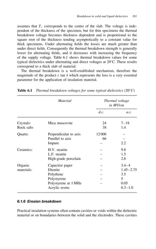 Breakdown in solid and liquid dielectrics 381
assumes that Tc corresponds to the centre of the slab. The voltage is inde-
pendent of the thickness of the specimen, but for thin specimens the thermal
breakdown voltage becomes thickness dependent and is proportional to the
square root of the thickness tending asymptotically to a constant value for
thick specimens. Under alternating fields the losses are much greater than
under direct fields. Consequently the thermal breakdown strength is generally
lower for alternating fields, and it decreases with increasing the frequency
of the supply voltage. Table 6.1 shows thermal breakdown values for some
typical dielectrics under alternating and direct voltages at 20°C. These results
correspond to a thick slab of material.
The thermal breakdown is a well-established mechanism, therefore the
magnitude of the product ε tan υ which represents the loss is a very essential
parameter for the application of insulation material.
Table 6.1 Thermal breakdown voltages for some typical dielectrics 20°C
Material Thermal voltage
in MV/cm
d.c. a.c.
Crystals: Mica muscovite 24 7–18
Rock salts 38 1.4
Quartz: Perpendicular to axis 12 000 –
Parallel to axis 66 –
Impure – 2.2
Ceramics: H.V. steatite – 9.8
L.F. steatite – 1.5
High-grade porcelain – 2.8
Organic Capacitor paper – 3.4–4
materials: Ebonite – 1.45–2.75
Polythene – 3.5
Polystyrene – 5
Polystyrene at 1 MHz – 0.05
Acrylic resins 0.3–1.0
6.1.6 Erosion breakdown
Practical insulation systems often contain cavities or voids within the dielectric
material or on boundaries between the solid and the electrodes. These cavities
 