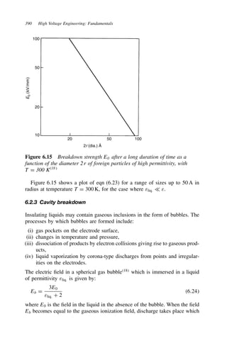 390 High Voltage Engineering: Fundamentals
100
50
20
10
20 50 100
E
0
(kV/mm)
2r (dia.) Å
Figure 6.15 Breakdown strength E0 after a long duration of time as a
function of the diameter 2r of foreign particles of high permittivity, with
T D 300 K18
Figure 6.15 shows a plot of eqn (6.23) for a range of sizes up to 50 A in
radius at temperature T D 300 K, for the case where εliq. − ε.
6.2.3 Cavity breakdown
Insulating liquids may contain gaseous inclusions in the form of bubbles. The
processes by which bubbles are formed include:
(i) gas pockets on the electrode surface,
(ii) changes in temperature and pressure,
(iii) dissociation of products by electron collisions giving rise to gaseous prod-
ucts,
(iv) liquid vaporization by corona-type discharges from points and irregular-
ities on the electrodes.
The electric field in a spherical gas bubble18
which is immersed in a liquid
of permittivity εliq. is given by:
Eb D
3E0
εliq. C 2
6.24
where E0 is the field in the liquid in the absence of the bubble. When the field
Eb becomes equal to the gaseous ionization field, discharge takes place which
 