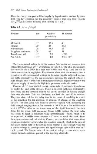 392 High Voltage Engineering: Fundamentals
Thus, the charge transport will be largely by liquid motion and not by ionic
drift. The key condition for the instability onset is that local flow velocity
uD
p
ε/0/E exceeds the ionic drift velocity (u  KE).
Table 6.3 M D
p
ε/0/K
Medium Ion Relative M number
permittivity
Methanol HC
33.5 4.1
Ethanol Cl
25 26.5
Nitrobenzene Cl
35.5 22
Propylene carbonate Cl
69 51
Transformer oil HC
2.3 ¾200
Air N.T.P. O2

1.0 2.3 ð 102
The experimental values for M for various fluid media and common ions
obtained by Lacroix et al.19
are included in Table 6.3. The table also contains
the value for air at NTP. It is seen that in this case M − 1 and the rate of
electroconvection is negligible. Experiments show that electroconvection is
prevalent in all experimental settings in dielectric liquids subjected to elec-
tric fields irrespective of the gap geometries, provided the applied voltage is
high enough. This is true even in thoroughly deionized liquids because of the
adequate supply of ions by the high field processes at the electrodes.
Cross et al.,23
have studied electric stress-induced motion in transformer
oil under d.c. and 60 Hz stresses. Using high-speed schlieren photography,
they found that the turbulent motion was due to injection of positive charges
from one electrode. This was confirmed for both d.c. and 60 Hz stresses.
They also observed that the delay time in the onset of instability is related
to the condition for the injection or creation of charges at the electrode
surface. The time delay was found to decrease rapidly with increasing the
field strength ranging from a few seconds at 106
V/m to a few milliseconds
at 6 ð 106
V/m. Also as the temperature of the liquid increased, the time
delay for the given field decreased. Under 60 Hz voltage the time delay
was found to reach a minimum value approximately 4 msec, which is to
be expected. A 60 Hz wave requires 4.17 msec to reach the peak. From
these observations and calculations Cross et al. concluded that under these
conditions instability occurs when the injection strength, which is the ratio of
the space charge field to the applied field, reaches a large enough value for
a critical voltage to develop across the space charge layer within one half-
cycle period. The lowest value of the critical voltage occurs where space
charge limited conditions prevail at the injecting electrode.
 