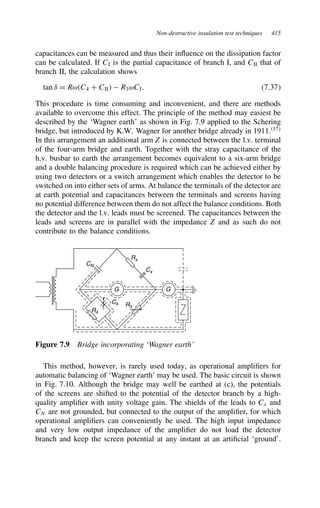 Non-destructive insulation test techniques 415
capacitances can be measured and thus their influence on the dissipation factor
can be calculated. If CI is the partial capacitance of branch I, and CII that of
branch II, the calculation shows
tan υ D RωC4 C CII  R3ωCI. 7.37
This procedure is time consuming and inconvenient, and there are methods
available to overcome this effect. The principle of the method may easiest be
described by the ‘Wagner earth’ as shown in Fig. 7.9 applied to the Schering
bridge, but introduced by K.W. Wagner for another bridge already in 1911.17
In this arrangement an additional arm Z is connected between the l.v. terminal
of the four-arm bridge and earth. Together with the stray capacitance of the
h.v. busbar to earth the arrangement becomes equivalent to a six-arm bridge
and a double balancing procedure is required which can be achieved either by
using two detectors or a switch arrangement which enables the detector to be
switched on into either sets of arms. At balance the terminals of the detector are
at earth potential and capacitances between the terminals and screens having
no potential difference between them do not affect the balance conditions. Both
the detector and the l.v. leads must be screened. The capacitances between the
leads and screens are in parallel with the impedance Z and as such do not
contribute to the balance conditions.
CN
Rx
Cx
R3
R4
C4
G G
Figure 7.9 Bridge incorporating ‘Wagner earth’
This method, however, is rarely used today, as operational amplifiers for
automatic balancing of ‘Wagner earth’ may be used. The basic circuit is shown
in Fig. 7.10. Although the bridge may well be earthed at (c), the potentials
of the screens are shifted to the potential of the detector branch by a high-
quality amplifier with unity voltage gain. The shields of the leads to Cx and
CN are not grounded, but connected to the output of the amplifier, for which
operational amplifiers can conveniently be used. The high input impedance
and very low output impedance of the amplifier do not load the detector
branch and keep the screen potential at any instant at an artificial ‘ground’.
 