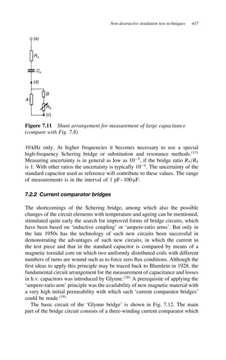 Non-destructive insulation test techniques 417
(a)
(d)
(c)
Rx
Cx
R3
B
A
Figure 7.11 Shunt arrangement for measurement of large capacitance
(compare with Fig. 7.8)
10 kHz only. At higher frequencies it becomes necessary to use a special
high-frequency Schering bridge or substitution and resonance methods.13
Measuring uncertainty is in general as low as 105
, if the bridge ratio R3/R4
is 1. With other ratios the uncertainty is typically 104
. The uncertainty of the
standard capacitor used as reference will contribute to these values. The range
of measurements is in the interval of 1 pF–100 µF.
7.2.2 Current comparator bridges
The shortcomings of the Schering bridge, among which also the possible
changes of the circuit elements with temperature and ageing can be mentioned,
stimulated quite early the search for improved forms of bridge circuits, which
have been based on ‘inductive coupling’ or ‘ampere-ratio arms’. But only in
the late 1950s has the technology of such new circuits been successful in
demonstrating the advantages of such new circuits, in which the current in
the test piece and that in the standard capacitor is compared by means of a
magnetic toroidal core on which two uniformly distributed coils with different
numbers of turns are wound such as to force zero flux conditions. Although the
first ideas to apply this principle may be traced back to Blumlein in 1928, the
fundamental circuit arrangement for the measurement of capacitance and losses
in h.v. capacitors was introduced by Glynne.18
A prerequisite of applying the
‘ampere-ratio arm’ principle was the availability of new magnetic material with
a very high initial permeability with which such ‘current comparator bridges’
could be made.19
The basic circuit of the ‘Glynne bridge’ is shown in Fig. 7.12. The main
part of the bridge circuit consists of a three-winding current comparator which
 