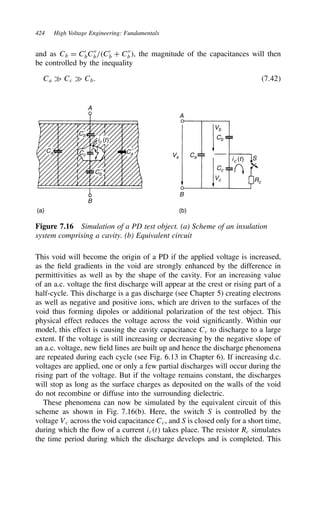 424 High Voltage Engineering: Fundamentals
and as Cb D C0
bC00
b/C0
b C C00
b, the magnitude of the capacitances will then
be controlled by the inequality
Ca × Cc × Cb. 7.42
A
A
S
B
Vs
Vb
Cb
Cc
Rc
Vc
ic (t)
Ca
B
(a) (b)
Cb
′
Ca
′
Ca
′′
Cb
′′
ic (t)
Cc
Figure 7.16 Simulation of a PD test object. (a) Scheme of an insulation
system comprising a cavity. (b) Equivalent circuit
This void will become the origin of a PD if the applied voltage is increased,
as the field gradients in the void are strongly enhanced by the difference in
permittivities as well as by the shape of the cavity. For an increasing value
of an a.c. voltage the first discharge will appear at the crest or rising part of a
half-cycle. This discharge is a gas discharge (see Chapter 5) creating electrons
as well as negative and positive ions, which are driven to the surfaces of the
void thus forming dipoles or additional polarization of the test object. This
physical effect reduces the voltage across the void significantly. Within our
model, this effect is causing the cavity capacitance Cc to discharge to a large
extent. If the voltage is still increasing or decreasing by the negative slope of
an a.c. voltage, new field lines are built up and hence the discharge phenomena
are repeated during each cycle (see Fig. 6.13 in Chapter 6). If increasing d.c.
voltages are applied, one or only a few partial discharges will occur during the
rising part of the voltage. But if the voltage remains constant, the discharges
will stop as long as the surface charges as deposited on the walls of the void
do not recombine or diffuse into the surrounding dielectric.
These phenomena can now be simulated by the equivalent circuit of this
scheme as shown in Fig. 7.16(b). Here, the switch S is controlled by the
voltage Vc across the void capacitance Cc, and S is closed only for a short time,
during which the flow of a current ict takes place. The resistor Rc simulates
the time period during which the discharge develops and is completed. This
 