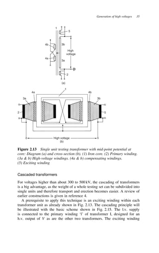 Generation of high voltages 35
5
1
2
(a)
3a
3b
5
High
voltage
1
4a
4b
3b
3a
4a 4b
2
High voltage
(b)
Figure 2.13 Single unit testing transformer with mid-point potential at
core: Diagram (a) and cross-section (b). (1) Iron core. (2) Primary winding.
(3a  b) High-voltage windings. (4a  b) compensating windings.
(5) Exciting winding
Cascaded transformers
For voltages higher than about 300 to 500 kV, the cascading of transformers
is a big advantage, as the weight of a whole testing set can be subdivided into
single units and therefore transport and erection becomes easier. A review of
earlier constructions is given in reference 4.
A prerequisite to apply this technique is an exciting winding within each
transformer unit as already shown in Fig. 2.13. The cascading principle will
be illustrated with the basic scheme shown in Fig. 2.15. The l.v. supply
is connected to the primary winding ‘l’ of transformer I, designed for an
h.v. output of V as are the other two transformers. The exciting winding
 