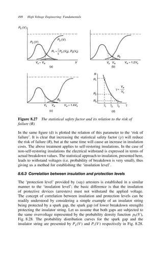 498 High Voltage Engineering: Fundamentals
P0 (V )
P0 (V )
Pb (V )
(a) (b)
(c) (d)
Vs = Vw Vs Vw
Vs Vw
Vw = 1.2Vs
Vw = 1.4Vs
V
R1 = ∫ Pb (Vs), P0(Vk)
0
R2
R3
R1
R
R2
R3
Vs
Vw
γ =
γ1
γ2
γ3
γ
Figure 8.27 The statistical safety factor and its relation to the risk of
failure (R)
In the same figure (d) is plotted the relation of this parameter to the ‘risk of
failure’. It is clear that increasing the statistical safety factor (4) will reduce
the risk of failure (R), but at the same time will cause an increase in insulation
costs. The above treatment applies to self-restoring insulations. In the case of
non-self-restoring insulations the electrical withstand is expressed in terms of
actual breakdown values. The statistical approach to insulation, presented here,
leads to withstand voltages (i.e. probability of breakdown is very small), thus
giving us a method for establishing the ‘insulation level’.
8.6.3 Correlation between insulation and protection levels
The ‘protection level’ provided by (say) arresters is established in a similar
manner to the ‘insulation level’; the basic difference is that the insulation
of protective devices (arresters) must not withstand the applied voltage.
The concept of correlation between insulation and protection levels can be
readily understood by considering a simple example of an insulator string
being protected by a spark gap, the spark gap (of lower breakdown strength)
protecting the insulator string. Let us assume that both gaps are subjected to
the same overvoltage represented by the probability density function p0V,
Fig. 8.28. The probability distribution curves for the spark gap and the
insulator string are presented by PgV and PiV respectively in Fig. 8.28.
 