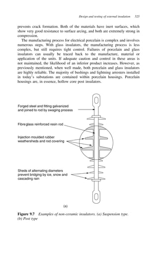 Design and testing of external insulation 525
prevents crack formation. Both of the materials have inert surfaces, which
show very good resistance to surface arcing, and both are extremely strong in
compression.
The manufacturing process for electrical porcelain is complex and involves
numerous steps. With glass insulators, the manufacturing process is less
complex, but still requires tight control. Failures of porcelain and glass
insulators can usually be traced back to the manufacture, material or
application of the units. If adequate caution and control in these areas is
not maintained, the likelihood of an inferior product increases. However, as
previously mentioned, when well made, both porcelain and glass insulators
are highly reliable. The majority of bushings and lightning arresters installed
in today’s substations are contained within porcelain housings. Porcelain
housings are, in essence, hollow core post insulators.
Forged steel and fitting galvanized
and joined to rod by swaging process
Fibreglass reinforced resin rod
Injection moulded rubber
weathersheds and rod covering
Sheds of alternating diameters
prevent bridging by ice, snow and
cascading rain
(a)
Figure 9.7 Examples of non-ceramic insulators. (a) Suspension type.
(b) Post type
 