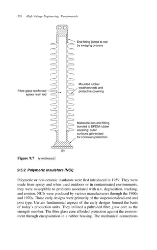 526 High Voltage Engineering: Fundamentals
End fitting joined to rod
by swaging process
Moulded rubber
weathersheds and
protective covering
Malleable iron end fitting
bonded to EPDM rubber
covering: outer
surfaces galvanized
for corrosion protection
Fibre glass reinforced
epoxy resin rod
(b)
Figure 9.7 (continued)
9.5.2 Polymeric insulators (NCI)
Polymeric or non-ceramic insulators were first introduced in 1959. They were
made from epoxy and when used outdoors or in contaminated environments,
they were susceptible to problems associated with u.v. degradation, tracking,
and erosion. NCIs were produced by various manufacturers through the 1960s
and 1970s. Those early designs were primarily of the suspension/dead-end and
post type. Certain fundamental aspects of the early designs formed the basis
of today’s production units. They utilized a pultruded fibre glass core as the
strength member. The fibre glass core afforded protection against the environ-
ment through encapsulation in a rubber housing. The mechanical connections
 
