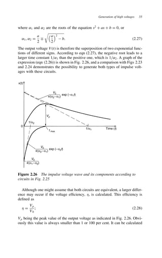 Generation of high voltages 55
where ˛1 and ˛2 are the roots of the equation s2
C as C b D 0, or
˛1, ˛2 D
a
2
Ý

a
2
2
 b. 2.27
The output voltage Vt is therefore the superposition of two exponential func-
tions of different signs. According to eqn (2.27), the negative root leads to a
larger time constant 1/˛1 than the positive one, which is 1/˛2. A graph of the
expression (eqn (2.26)) is shown in Fig. 2.26, and a comparison with Figs 2.23
and 2.24 demonstrates the possibility to generate both types of impulse volt-
ages with these circuits.
0
v(t)
V0
k(α2−α1)
exp (−α1t)
V0
k(α2−α1)
exp (−α2t)
V0
k(α1−α2)
Vp
1/α2
1/α1 Time (t)
t max
Figure 2.26 The impulse voltage wave and its components according to
circuits in Fig. 2.25
Although one might assume that both circuits are equivalent, a larger differ-
ence may occur if the voltage efficiency, 5, is calculated. This efficiency is
defined as
5 D
Vp
V0
; 2.28
Vp being the peak value of the output voltage as indicated in Fig. 2.26. Obvi-
ously this value is always smaller than 1 or 100 per cent. It can be calculated
 