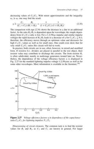 Generation of high voltages 57
decreasing values of C2/C1. With minor approximations and the inequality
˛2 × ˛1 one may find the result
5 ¾
D
C1
C1 C C2
R2
R1 C R2
D
1
1 C C2/C1
1
1 C R1/R2
. 2.35
The comparison with eqn (2.34) shows the decrease in 5 due to an additional
factor. As the ratio R1/R2 is dependent upon the waveshape, the simple depen-
dency from (C2/C1) only is lost. For a 1.2/50 µs impulse and similar impulse
voltages the rapid increase of R1/R2 leads to a decrease of 5 for C2/C1  0.1;
therefore, the efficiency moves through an optimum value and decreases for
high C2/C1 values as well as for small ones. One could even show that for
very small C2/C1 ratios this circuit will fail to work.
In practice, both circuits are in use, often, however, in mixed and modified
form. If resistive h.v. dividers are placed in parallel to the test object, their
resistor value may contribute to discharge the circuits. The front resistor R1
is often subdivided, mainly in multistage generators treated later on. Never-
theless, the dependency of the voltage efficiency factors 5 is displayed in
Fig. 2.27 for the standard lightning impulse voltage 1.2/50 µsec as well as for
some other waveshapes. More information is available in the literature.30
100
80
60
40
20
0 0.1 0.2 0.3 0.4 0.5
C2/C1
h (%)
Circuit Fig. 2.26(a)
1.2/50 ms and approx.
1.2/200 ms
Circuit Fig. 2.25(b)
1.2/50 ms
1.2/5 ms
Figure 2.27 Voltage efficiency factors 5 in dependency of the capacitance
ratio C2 /C1 for lightning impulses T1 /T2
Dimensioning of circuit elements. The common task is to find the resistor
values for R1 and R2, as C2 and C1 are known in general. For larger
 