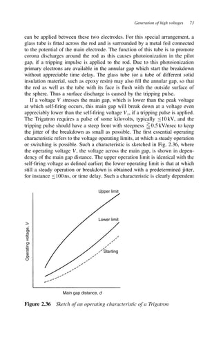 Generation of high voltages 73
can be applied between these two electrodes. For this special arrangement, a
glass tube is fitted across the rod and is surrounded by a metal foil connected
to the potential of the main electrode. The function of this tube is to promote
corona discharges around the rod as this causes photoionization in the pilot
gap, if a tripping impulse is applied to the rod. Due to this photoionization
primary electrons are available in the annular gap which start the breakdown
without appreciable time delay. The glass tube (or a tube of different solid
insulation material, such as epoxy resin) may also fill the annular gap, so that
the rod as well as the tube with its face is flush with the outside surface of
the sphere. Thus a surface discharge is caused by the tripping pulse.
If a voltage V stresses the main gap, which is lower than the peak voltage
at which self-firing occurs, this main gap will break down at a voltage even
appreciably lower than the self-firing voltage Vs, if a tripping pulse is applied.
The Trigatron requires a pulse of some kilovolts, typically 10 kV, and the
tripping pulse should have a steep front with steepness 
¾
D0.5 kV/nsec to keep
the jitter of the breakdown as small as possible. The first essential operating
characteristic refers to the voltage operating limits, at which a steady operation
or switching is possible. Such a characteristic is sketched in Fig. 2.36, where
the operating voltage V, the voltage across the main gap, is shown in depen-
dency of the main gap distance. The upper operation limit is identical with the
self-firing voltage as defined earlier; the lower operating limit is that at which
still a steady operation or breakdown is obtained with a predetermined jitter,
for instance 100 ns, or time delay. Such a characteristic is clearly dependent
Main gap distance, d
Starting
Lower limit
Upper limit
Operating
voltage,
V
Figure 2.36 Sketch of an operating characteristic of a Trigatron
 