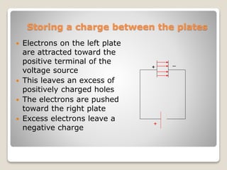 Storing a charge between the plates
 Electrons on the left plate
are attracted toward the
positive terminal of the
voltage source
 This leaves an excess of
positively charged holes
 The electrons are pushed
toward the right plate
 Excess electrons leave a
negative charge
+ -
+
_
 