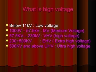 What is high voltageWhat is high voltage
Below 11kV : Low voltageBelow 11kV : Low voltage
1000V – 57.5kV : MV (Medium Voltage)1000V – 57.5kV : MV (Medium Voltage)
57.5KV – 230kV : VHV (high voltage)57.5KV – 230kV : VHV (high voltage)
230~500KV : EHV ( Extra high voltage)230~500KV : EHV ( Extra high voltage)
500KV and above UHV : Ultra high voltage500KV and above UHV : Ultra high voltage
 