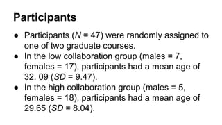Participants 
● Participants (N = 47) were randomly assigned to 
one of two graduate courses. 
● In the low collaboration group (males = 7, 
females = 17), participants had a mean age of 
32. 09 (SD = 9.47). 
● In the high collaboration group (males = 5, 
females = 18), participants had a mean age of 
29.65 (SD = 8.04). 
 