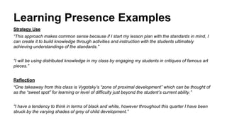 Learning Presence Examples 
Strategy Use 
“This approach makes common sense because if I start my lesson plan with the standards in mind, I 
can create it to build knowledge through activities and instruction with the students ultimately 
achieving understandings of the standards.” 
“I will be using distributed knowledge in my class by engaging my students in critiques of famous art 
pieces.” 
Reflection 
“One takeaway from this class is Vygotsky’s “zone of proximal development” which can be thought of 
as the “sweet spot” for learning or level of difficulty just beyond the student’s current ability.” 
“I have a tendency to think in terms of black and white, however throughout this quarter I have been 
struck by the varying shades of grey of child development.” 
 