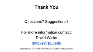 Thank You 
Questions? Suggestions? 
For more information contact: 
David Wicks 
dwicks@spu.edu 
Special thanks to Dr. Katya Nemtchinova, Xu Bian, and Katy Wicks 
