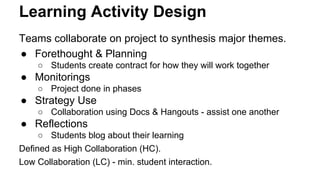 Learning Activity Design 
Teams collaborate on project to synthesis major themes. 
● Forethought & Planning 
○ Students create contract for how they will work together 
● Monitorings 
○ Project done in phases 
● Strategy Use 
○ Collaboration using Docs & Hangouts - assist one another 
● Reflections 
○ Students blog about their learning 
Defined as High Collaboration (HC). 
Low Collaboration (LC) - min. student interaction. 
 