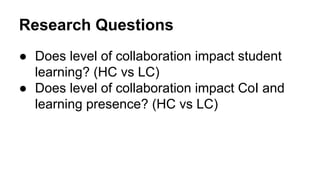 Research Questions 
● Does level of collaboration impact student 
learning? (HC vs LC) 
● Does level of collaboration impact CoI and 
learning presence? (HC vs LC) 
 