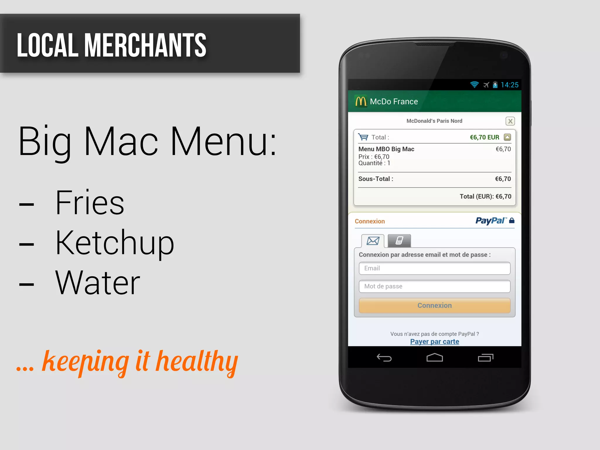 Local Merchants
Big Mac Menu:
-  Fries
-  Ketchup
-  Water
... keeping it healthy
 