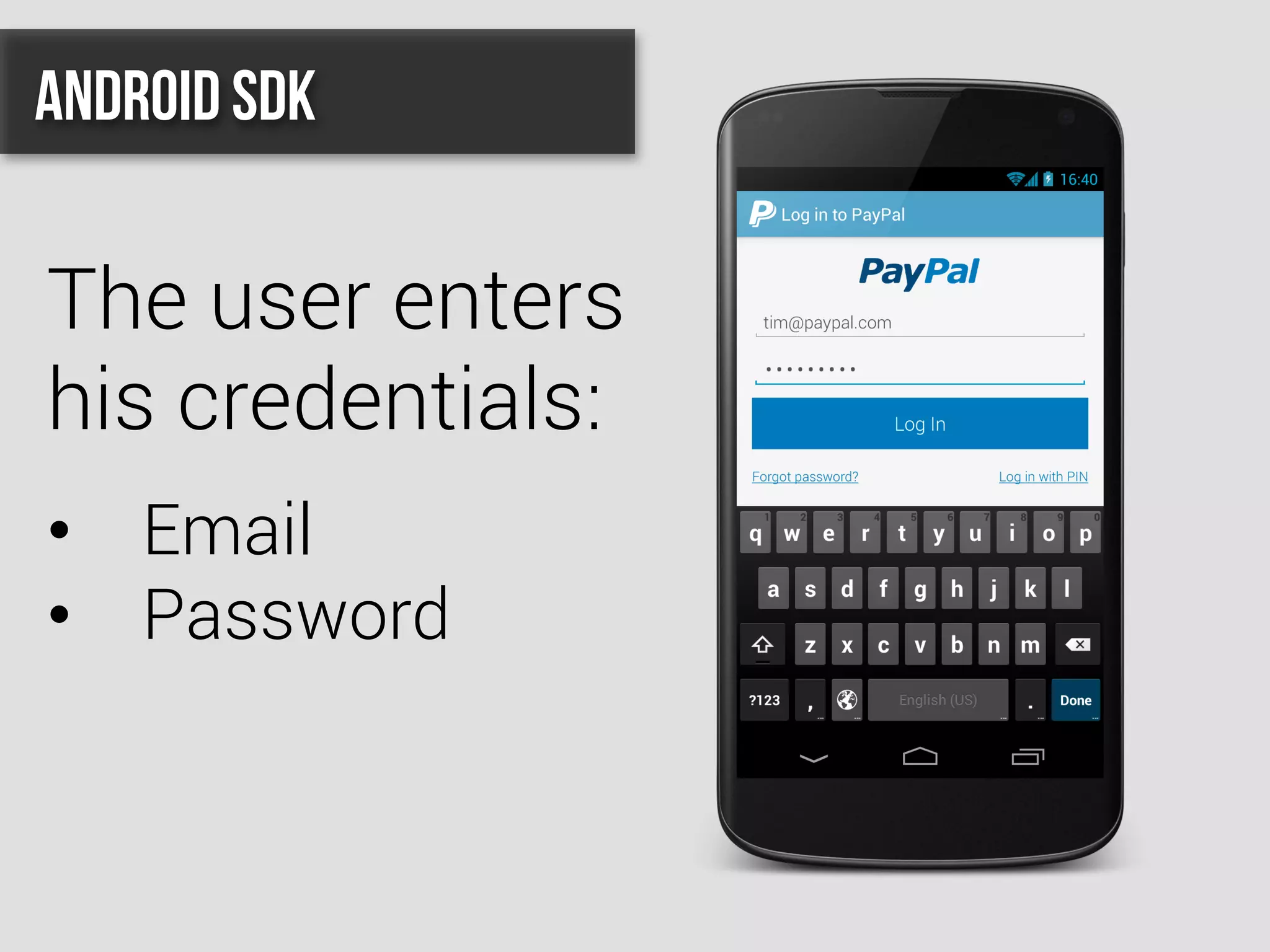 The user enters
his credentials:
•  Email
•  Password
Android SDK
 