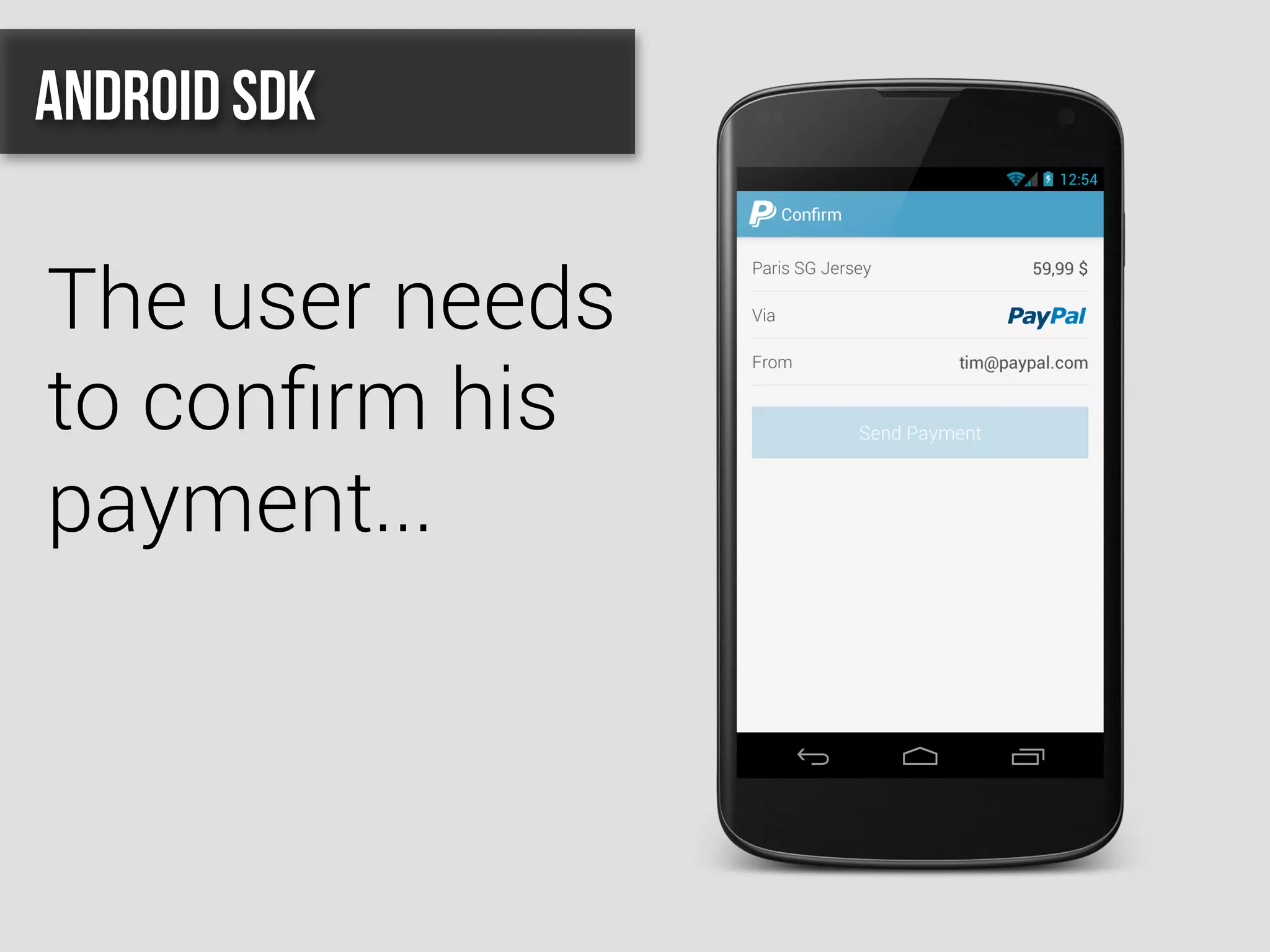 The user needs
to conﬁrm his
payment...
Android SDK
 