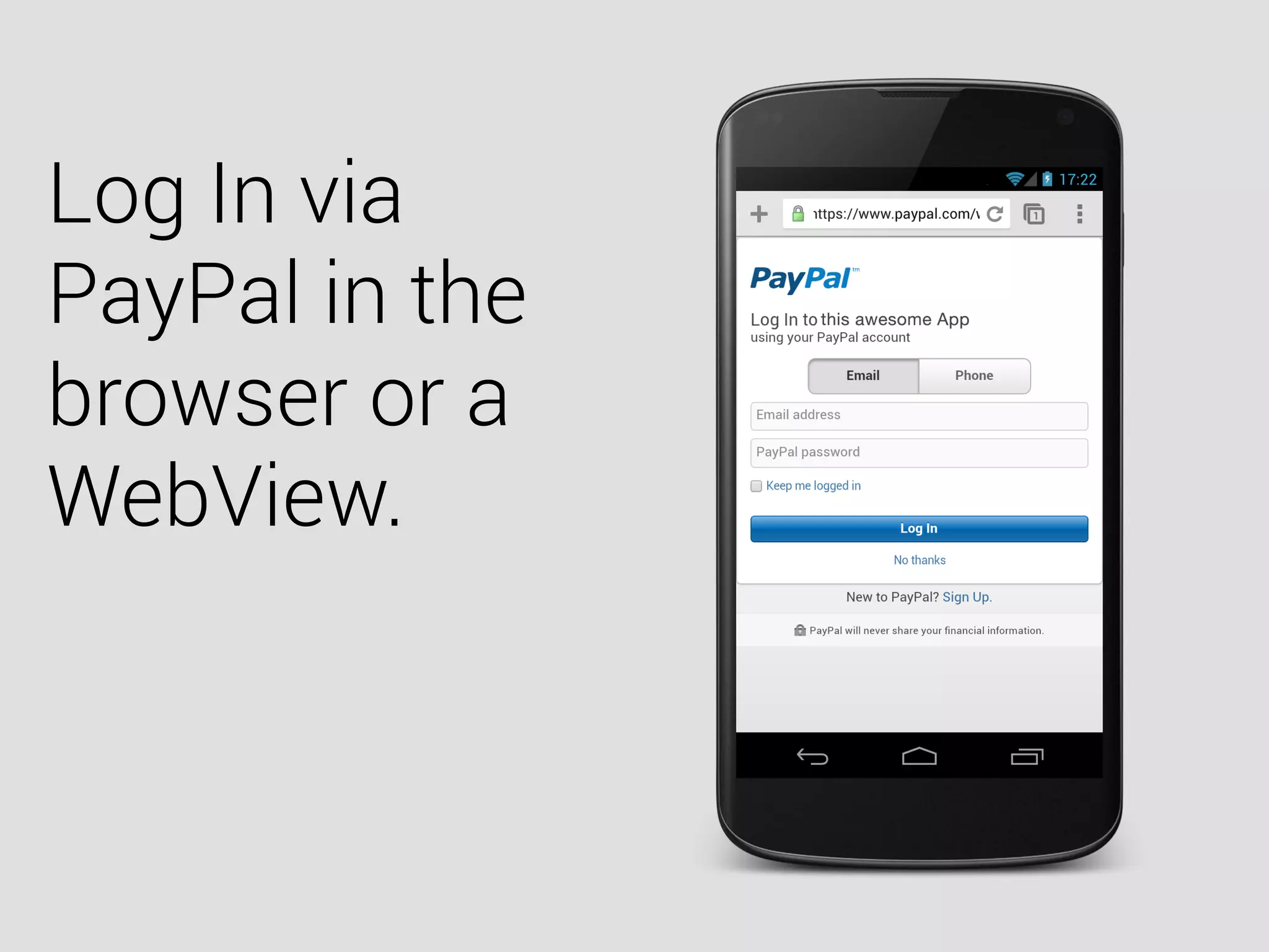 Log In via
PayPal in the
browser or a
WebView.
 