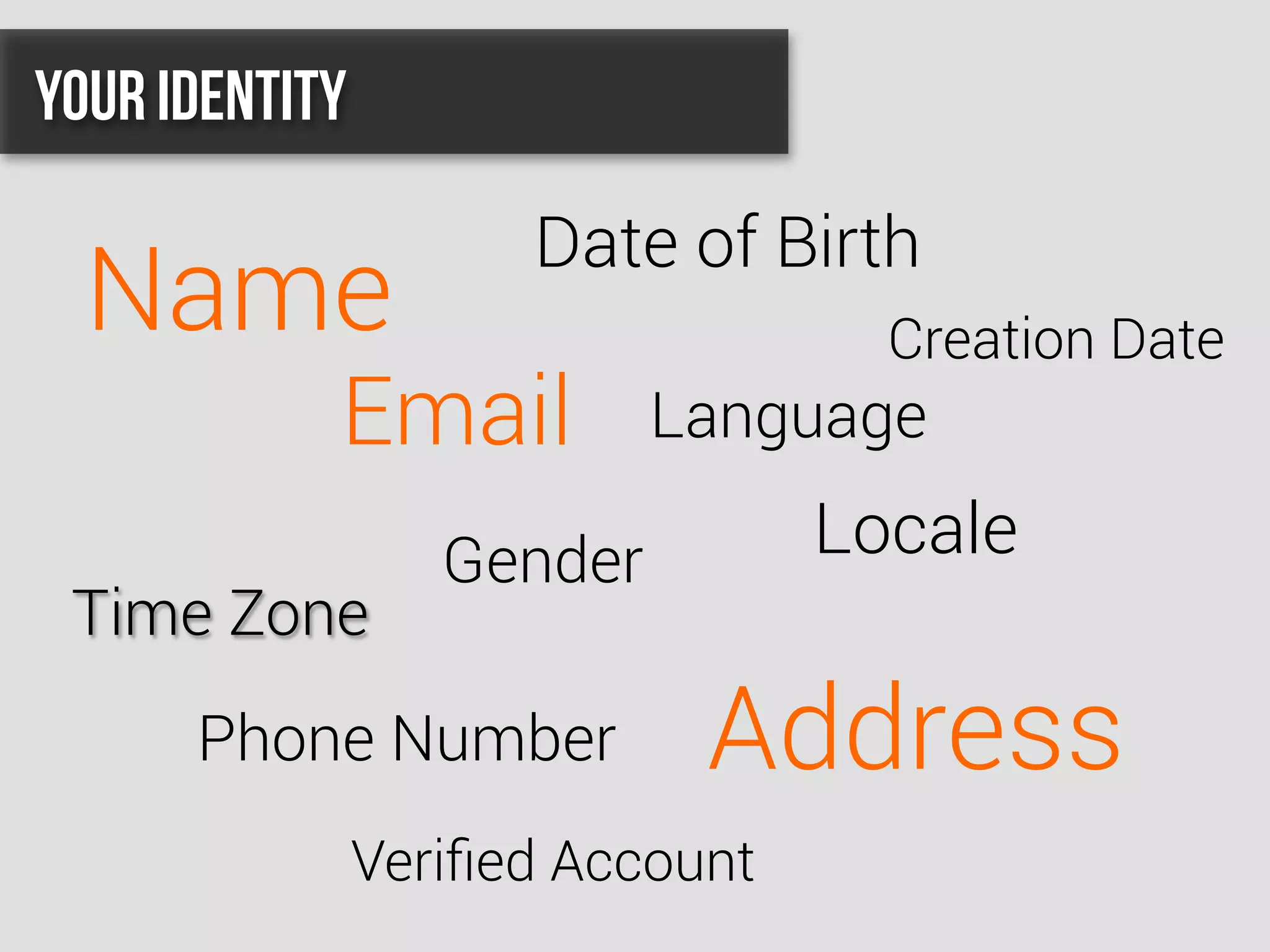 Name
Email
Date of Birth
Locale
Time Zone
Address
Gender
Language
Phone Number
Veriﬁed Account
Creation Date
Your Identity
 