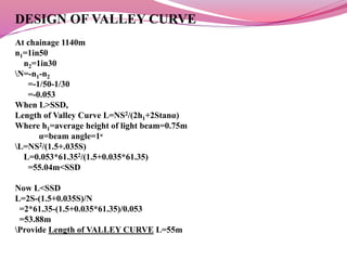 DESIGN OF VALLEY CURVE
At chainage 1140m
n1=1in50
n2=1in30
N=-n1-n2
=-1/50-1/30
=-0.053
When L>SSD,
Length of Valley Curve L=NS2/(2h1+2Stanα)
Where h1=average height of light beam=0.75m
α=beam angle=1ͦ
L=NS2/(1.5+.035S)
L=0.053*61.352/(1.5+0.035*61.35)
=55.04m<SSD
Now L<SSD
L=2S-(1.5+0.035S)/N
=2*61.35-(1.5+0.035*61.35)/0.053
=53.88m
Provide Length of VALLEY CURVE L=55m
 