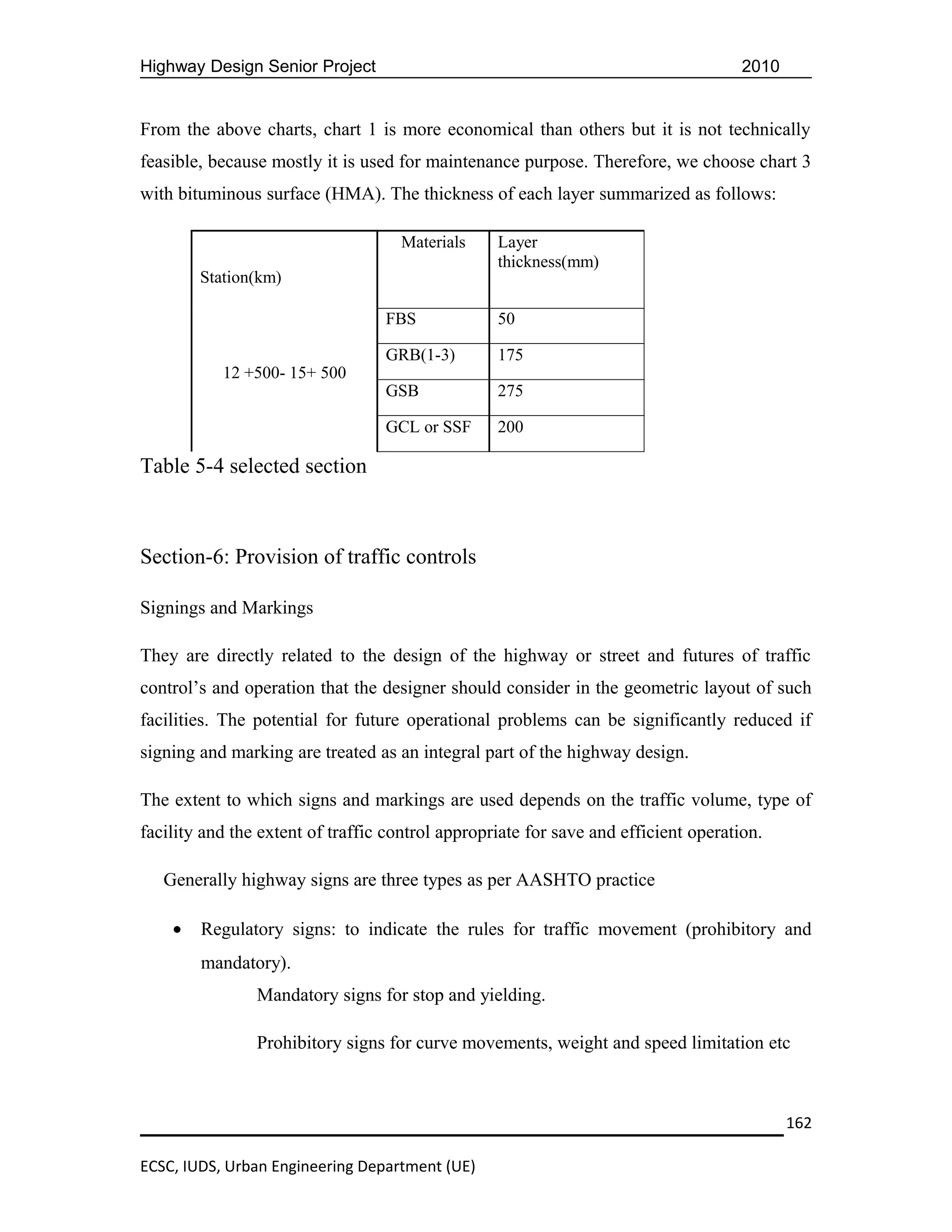 Highway Design Senior Project                                                        2010


From the above charts, chart 1 is more economical than others but it is not technically
feasible, because mostly it is used for maintenance purpose. Therefore, we choose chart 3
with bituminous surface (HMA). The thickness of each layer summarized as follows:

                                    Materials     Layer
                                                  thickness(mm)
        Station(km)

                                  FBS             50

                                  GRB(1-3)        175
           12 +500- 15+ 500
                                  GSB             275

                                  GCL or SSF      200

Table 5-4 selected section



Section-6: Provision of traffic controls

Signings and Markings

They are directly related to the design of the highway or street and futures of traffic
control’s and operation that the designer should consider in the geometric layout of such
facilities. The potential for future operational problems can be significantly reduced if
signing and marking are treated as an integral part of the highway design.

The extent to which signs and markings are used depends on the traffic volume, type of
facility and the extent of traffic control appropriate for save and efficient operation.

   Generally highway signs are three types as per AASHTO practice

    •   Regulatory signs: to indicate the rules for traffic movement (prohibitory and
        mandatory).
                Mandatory signs for stop and yielding.

                Prohibitory signs for curve movements, weight and speed limitation etc



                                                                                            162

ECSC, IUDS, Urban Engineering Department (UE)
 