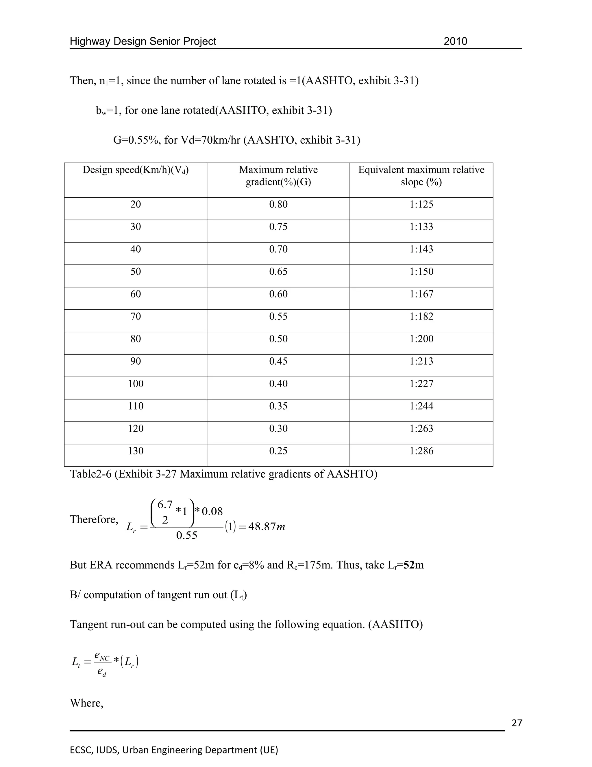 Highway Design Senior Project                                                 2010


Then, n1=1, since the number of lane rotated is =1(AASHTO, exhibit 3-31)

       bw=1, for one lane rotated(AASHTO, exhibit 3-31)

            G=0.55%, for Vd=70km/hr (AASHTO, exhibit 3-31)

  Design speed(Km/h)(Vd)            Maximum relative       Equivalent maximum relative
                                     gradient(%)(G)                 slope (%)

                20                         0.80                       1:125

                30                         0.75                       1:133

                40                         0.70                       1:143

                50                         0.65                       1:150

                60                         0.60                       1:167

                70                         0.55                       1:182

                80                         0.50                       1:200

                90                         0.45                       1:213

                100                        0.40                       1:227

                110                        0.35                       1:244

                120                        0.30                       1:263

                130                        0.25                       1:286

Table2-6 (Exhibit 3-27 Maximum relative gradients of AASHTO)

                 6 .7 
                     *1 * 0.08
Therefore,       2     
           Lr =                  (1) = 48.87m
                      0.55

But ERA recommends Lr=52m for ed=8% and Rc=175m. Thus, take Lr=52m

B/ computation of tangent run out (Lt)

Tangent run-out can be computed using the following equation. (AASHTO)

       eNC
Lt =       * ( Lr )
        ed

Where,
                                                                                         27

ECSC, IUDS, Urban Engineering Department (UE)
 