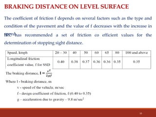 BRAKING DISTANCE ON LEVEL SURFACE
10
The coefficient of friction f depends on several factors such as the type and
condition of the pavement and the value of f decreases with the increase in
speed.IRC has recommended a set of friction co efficient values for the
determination of stopping sight distance.
 