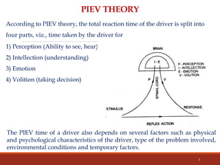 PIEV THEORY
According to PIEV theory, the total reaction time of the driver is split into
four parts, viz., time taken by the driver for
1) Perception (Ability to see, hear)
2) Intellection (understanding)
3) Emotion
4) Volition (taking decision)
7
The PIEV time of a driver also depends on several factors such as physical
and psychological characteristics of the driver, type of the problem involved,
environmental conditions and temporary factors.
 