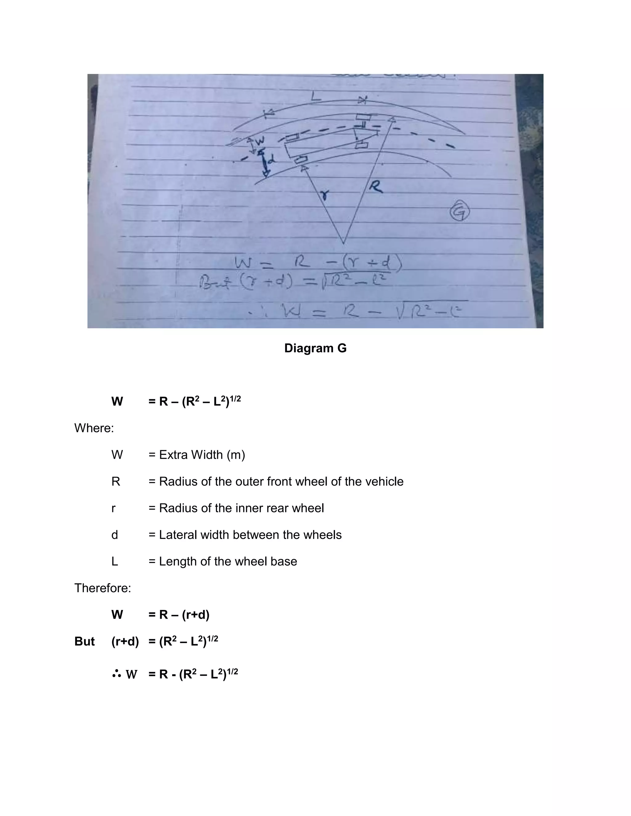 Diagram G
W = R – (R2 – L2)1/2
Where:
W = Extra Width (m)
R = Radius of the outer front wheel of the vehicle
r = Radius of the inner rear wheel
d = Lateral width between the wheels
L = Length of the wheel base
Therefore:
W = R – (r+d)
But (r+d) = (R2 – L2)1/2
∴ W = R - (R2 – L2)1/2
 