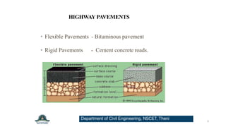 HIGHWAY PAVEMENTS
• Flexible Pavements - Bituminous pavement
• Rigid Pavements - Cement concrete roads.
6
Department of Civil Engineering, NSCET, Theni
 