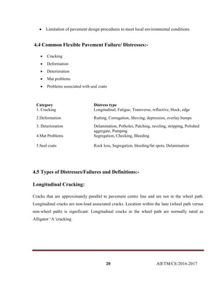 20 AIETM/CE/2016-2017
 Limitation of pavement design procedures to meet local environmental conditions.
4.4 Common Flexible Pavement Failure/ Distresses:-
 Cracking
 Deformation
 Deterioration
 Mat problems
 Problems associated with seal coats
Category Distress type
1. Cracking Longitudinal, Fatigue, Transverse, reflective, block, edge
2.Deformation Rutting, Corrugation, Shoving, depression, overlay bumps
3. Deterioration Delamination, Potholes, Patching, raveling, stripping, Polished
aggregate, Pumping
4.Mat Problems Segregation, Checking, Bleeding
5.Seal coats Rock loss, Segregation, bleeding/fat spots, Delamination
4.5 Types of Distresses/Failures and Definitions:-
Longitudinal Cracking:
Cracks that are approximately parallel to pavement centre line and are not in the wheel path.
Longitudinal cracks are non-load associated cracks. Location within the lane (wheel path versus
non-wheel path) is significant. Longitudinal cracks in the wheel path are normally rated as
Alligator ‘A 'cracking.
 